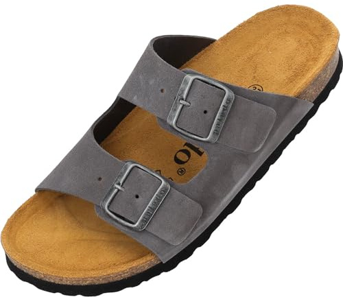 Palado Pantoletten Damen Korfu Velours Premium Leather - bequeme Sandalen Made in Spain - Hausschuhe mit Kork-Fußbett - modische Sommerschuhe Grau UK8 - EU41
