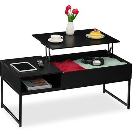 Relaxdays Couchtisch aufklappbar, HBT 45x110x50 cm, Seitenfach, Wohnzimmertisch m. Stauraum, Holzoptik & Metall, schwarz