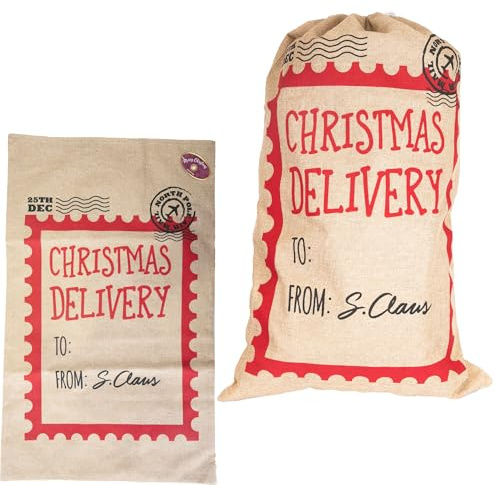 SHATCHI Large Delivery Santa Sack 48x78 cm - Hessian Stocking Filler Gift Bag with Drawstring, Personalized North Pole Design Christmas Accessories, Beige