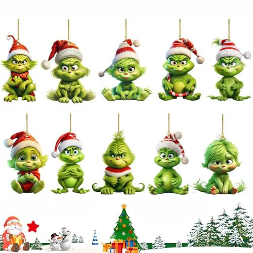 YGCHEN Weihnachtsanhänger Weihnachten Deko Grinch Anhänger Weihnachtsbaum Ornament 2D Acryl Hängende Christbaumschmuck Weihnachtsdeko Weihnachtsbaumschmuck Anhänger 10 Stück