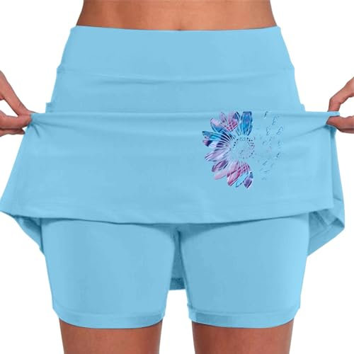 Tennisrock Damen 2 In 1 - Hosenrock Blumenmuster Skirt Sommer Yoga Sportrock Hohe Taille Outdoorrock Lauf Minirock Golf Skorts Sommerrock Rock Mit Hose Für Fitness Workout Running