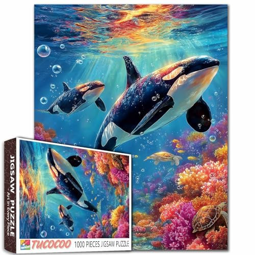 Orca Whales 1000 Teile Ozean Puzzle Meeresschildkröten & lebendige Korallenriff-Szene, herausforderndes Puzzle für Erwachsene Familie Spaß Pädagogisches Puzzle