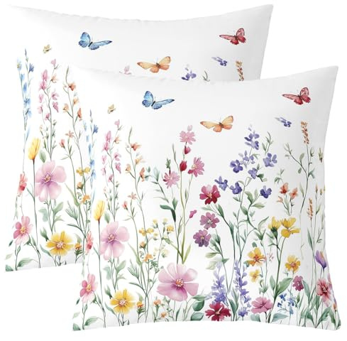 Homemissing Girl Butterfly Floral Throw Pillow Covers Set of 2 55x55cm Garden Flower Square Cushion Covers Watercolor Plant Design Pillow Case Cushion Case for Couch Sofa Bedroom Decor