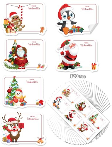 JEJA Aufklebe Weihnachten Geschenke, 120pcs Namensetiketten Weihnachtsgeschenke, Selbstklebend Etiketten zum Beschriften, Weihnachtsmann, Rentier, Schneemann, für Geschenke,Karten,Deko