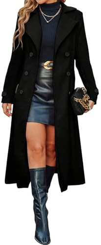 LIUYUYOUGO Womens Long Wool Pea Coat Notched Lapel Double Breasted Trench Coats Elegant Slim Fit Longline Wool Blend Overcoat Fall Winter Warm Dressy Jackets Duster Outwear