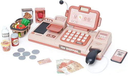 Kinderkasse mit Scanner und Sound,Supermarkt Registrierkasse mit Kreditkarten-Geschenk, Essen, Einkaufskorb Kaufladen Zubehör Rollenspiel Spielzeug für Mädchen Jungen ab 3 Jahre, Rosa