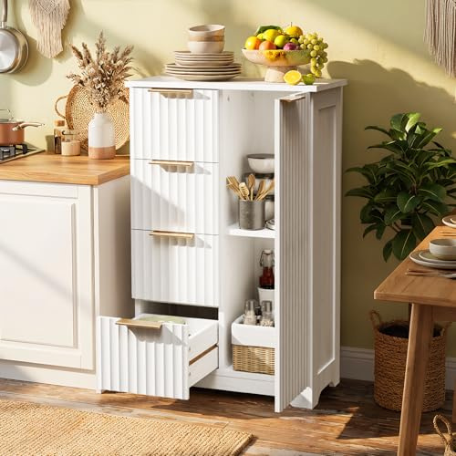 Bonnlo Small Sideboards and Cabinets,Narrow Sideboard with 4 Drawers and Adjustable Shelf,Grille Bar cabinet, Modern Kitchen Cupboard for Dining Room, Living Room and Kitchen