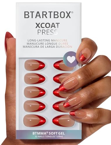 BTArtbox Press On Nails, Ruby Slipper, Short Almond, Red French Tip, 32Ct | Lamp-Curable 4-Week Wear, Salon-Quality Natural Nails, 10-Minute Easy Daily Application, 16 Sizes, All-in-One Complete Kit