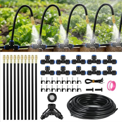 32FT Drip Irrigation System for Garden Watering: 10 Misting Nozzles, Automatic Watering Kit with 1/4 PE Tubing Hose, Adjustable Sprinkler Mister for Plants Raised Beds Lawn Outdoor Yard Greenhouse