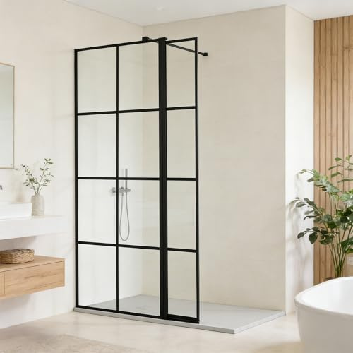800mm Walk in Shower Screen with 300mm Flipper Panel,8mm Easy Clean Toughened Safety Glass Enclosure,Folding Deflector Panel for Bathroom Wet Room,Black Grid