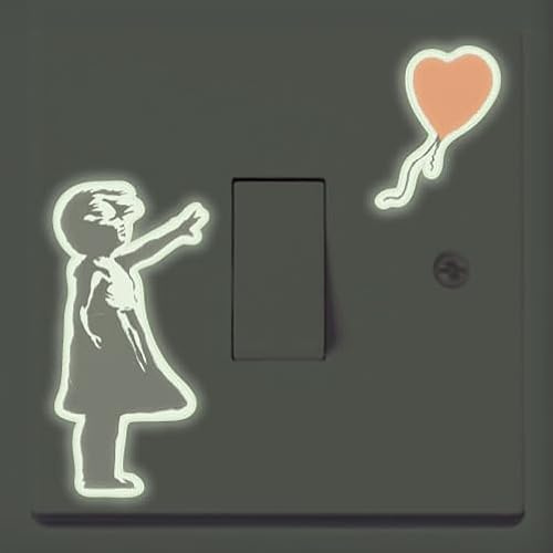 Banksy Style Girl with Balloon Light Switch Stickers. Colour or Glow-in-the-Dark. Decal Child Room Lightswitch Love Heart wall Vinyl by SuperDuperDecor® - Glow-in-Dark