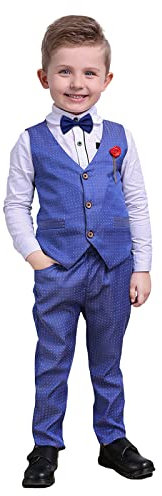 Kleinkind Junge Gentleman Anzüge 4 Stück Fliege Shirts + Weste + Hose Kinder Formale Smoking Outfits Blau 6-7 Jahre