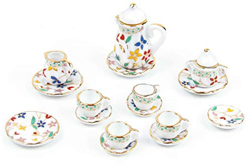 AUEAR - Juego de té de Porcelana en Miniatura, 15 Unidades, diseño de Hojas Doradas, 1/12, Plato Miniatura de 1/12, Accesorios clásicos para casa de muñecas y Cocina para niños