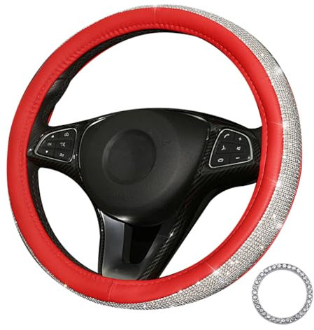 Lifetooler Lenkradbezug Glitzer mit Bling Strass Lenkradhülle Leder Strasssteine Atmungsaktive Universal 38cm/15 Inch Bequem Anti Rutsch Auto Accessoires für Frauen (rot-weiß)
