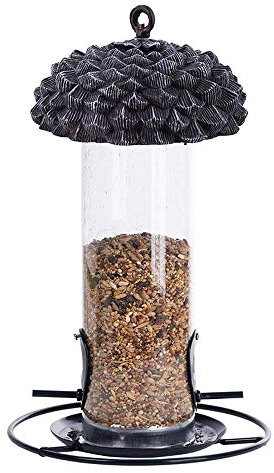 Rivanto® Eichel- Futtersilo H28 x Ø 10,5 cm, Futterstation, Plexiglas Säule mit Dach in Eicheloptik, hängend, leicht befüllbar, Wildvogel Futterstelle
