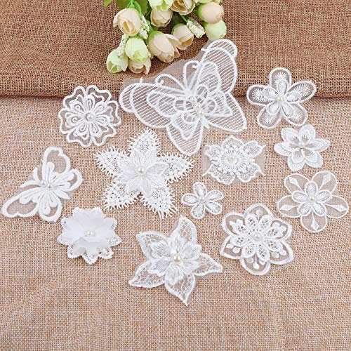 12 Stück Spitze Organza Stickerei Weiß Perlen Schmetterlings Blumen Applique Patches Sticker Aufnäher Applikation Flicken zum Aufnähen Gestickte Basteln und Dekorieren Kleidung Tischtuch Taschen Schal