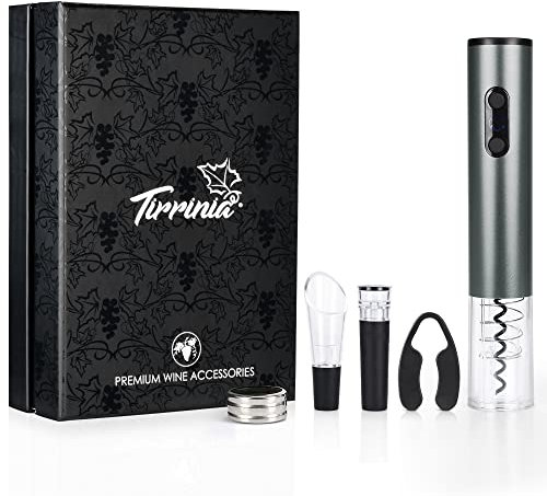 Kato Tirrinia Electric Wine Opener Gift Set - Wine Bottle Cork Remover Accessory Tool Kit with Wine Aerator Pourer,Foil Cutter, Drip Ring and Vacuum Stopper, Best Gift for Wine Lover, Grey