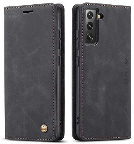 QLTYPRI Case for Samsung Galaxy S22, Vintage PU Leather Wallet Case Card Slot Kickstand Magnetic Closure Shockproof Flip Folio Case Cover for Samsung Galaxy S22 - Black
