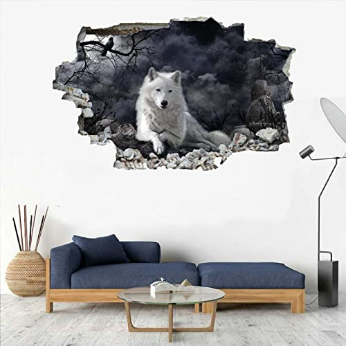 Wolf 3D Wandtattoo I Wandbild Tier Wandaufkleber I Wandsticker Durchbruch B 120 x H 80 cm Poster Fensterblick I Wand Deko Aufkleber für Wohnzimmer Schlafzimmer Küche Türaufkleber
