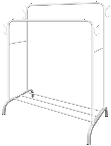 LONENESSL Metall Kleiderstange mit Doppelschiene, Robuster Kleiderständer Stabil mit 1 Etagen-Ablagefläche und 4 Seitlichen Haken, Freistehender Kleiderständer Schlafzimmer Kleiderbügel (Schwarz2)