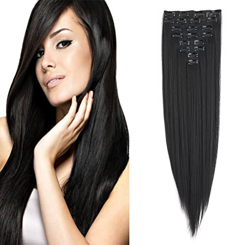 Cybelleza Clip in Extensions wie Echthaar Haarverlängerung Haarteil 8 Teile Set Glatt Lang Günstig Haarverdichtung Synthetische Haare für Frauen 60cm (Dunkelbraun)
