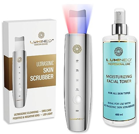 Lumineo Ultraschallpeelinggerät mit 4 Funktionen: Ultraschall, Ionen, EMS, LED, Mitesser, Akne-Entferner, Porenreiniger, Peeling, Skin Scrubber mit passendem 400ml Toner (Moisturizing)