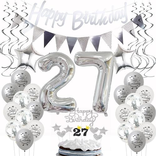 Silber Geburtstagsdeko 27 Jahre Frau Mann,ballon 27 Geburtstag Frauen Deko, Luftballons 27. Geburtstag Deko Frau silber,Party Deko 27. Geburtstag Männer Tortendeko 27 Geburtstag Frau Mann deko