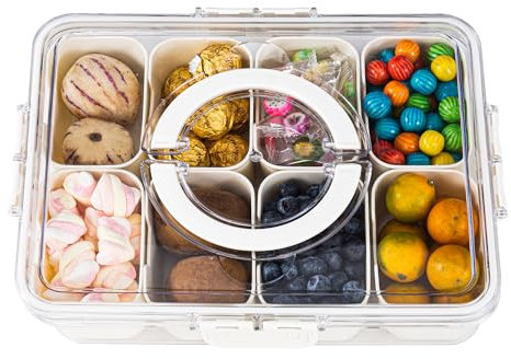 Amzcku Divided Serving Tray with Lid and Handle - Snackle Box Charcuterie Container for Portable Snack Platters - Clear Organizer for Candy, Fruits, Nuts, Snacks - Perfect for Party, Entertaining