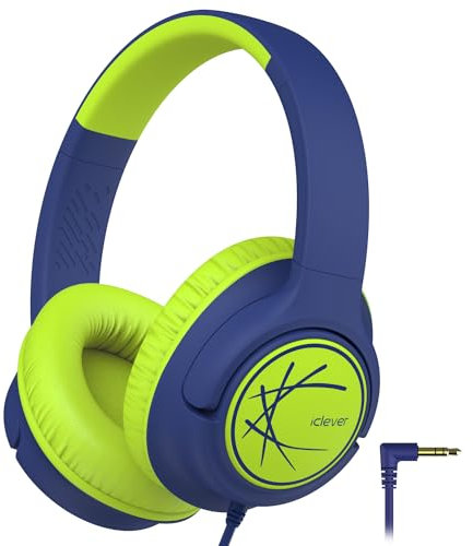iClever Kopfhörer Kinder, Kopfhörer für Kinder mit Kabel 85dBA Sichere Lautstärke, Stereo Sound, Over Ear Faltbare 3.5 mm Jack Kinder kopfhörer für iPad, Tablets, Schule, Reisen, Blau Grün
