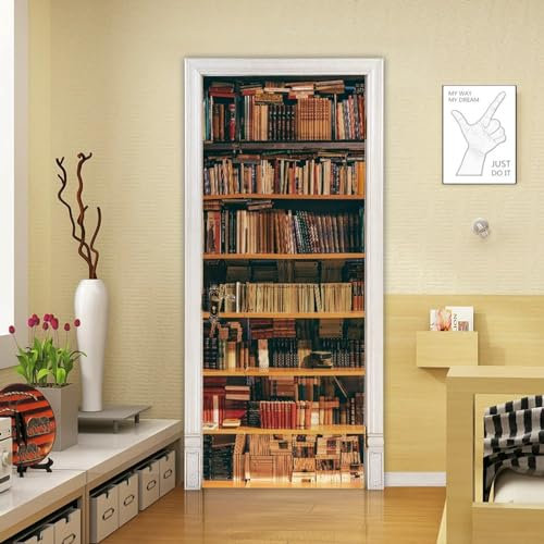 XAONUO 3D Türaufkleber Für Innentüren Retro Bibliothek Bücher Bücherregal 90X210Cm 3D Bewirken Fototapete Pvc Türfolie Poster Tapete Abnehmbar Diy Wandtapete Für Wohnzimmer Küche Schlafzimmer