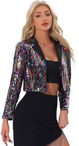 Allegra K Chaqueta de Lentejuelas para Mujer con Cuello de Solapa y Frente Abierto Blazer Corta Disfraz de Halloween Multicolor M
