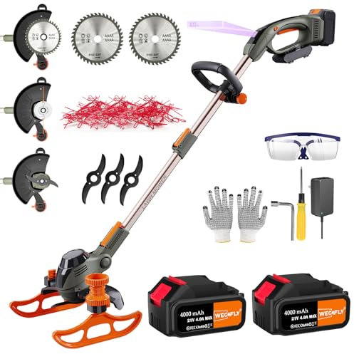 WeGofly Akku-Rasentrimmer, (2 x 21V 4.0A Akku und schnelles Ladegerät), 4-in-1-Rasentrimmer/Radkantenschneider/Mini Rasenmäher/Freischneider, mit 2x Sägeblätter, 3x Metallmesser, 30x Trimmerfaden -21T