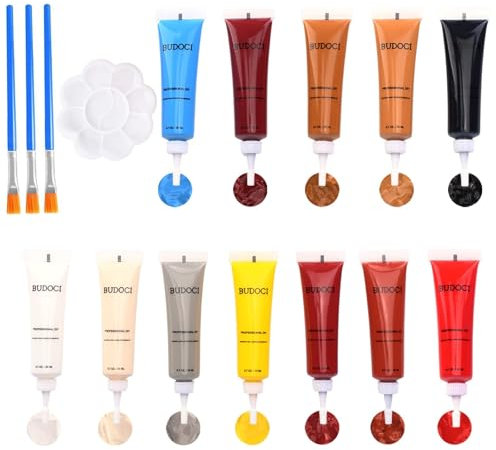 BUDOCI Leder Reparatur Set mit 12 Farben, Mixbar Fiussigleder Reparatur Creme Set Schwarz Leder Repairing kit für Auto Lederlenkrad Sofa Jacke Geldbörse Gürtel Schuhe Kunstleder Kratzer Risse