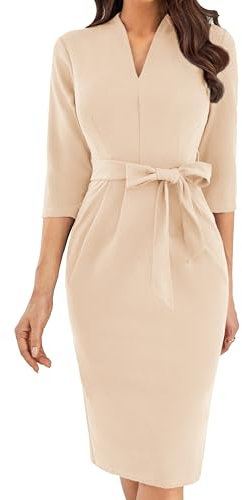 GRACE KARIN Office Dresses V Neck 3/4 Sleeve Apricot Wrap Dress Church Dresses for Women 2024 Beige M