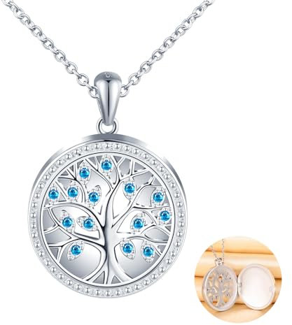 MICSAVI Silber 925 Foto Kette Damen Medaillon Runder Anhänger Baum des Lebens Halskette mit Zirkonia