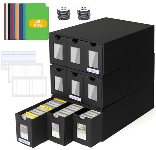 POKIENE 8800+ Trading Storage Box Card with Visualization Window, 3 Card Storage Box with 48 Card Dividers, Labels Tape and Drawers, for Tcg, Mtg, Ptcg, Sports Cards