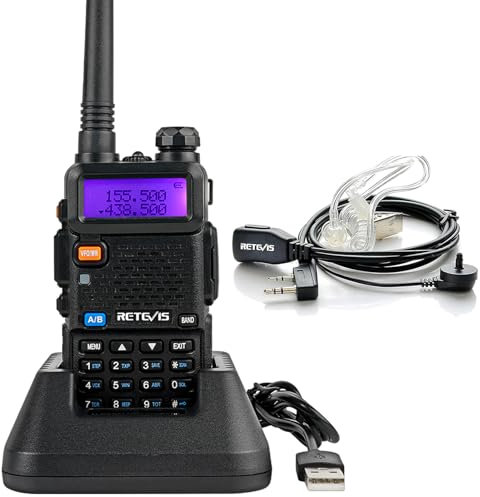 Retevis RT5R Walkie Talkie con Auriculare, Radio de Doble Banda de Largo Alcance Ham con Cargador USB, Radio FM VOX de 128 Canales Transceptor Portátil de Mano para Almacén, Caza (Paquete de 1)