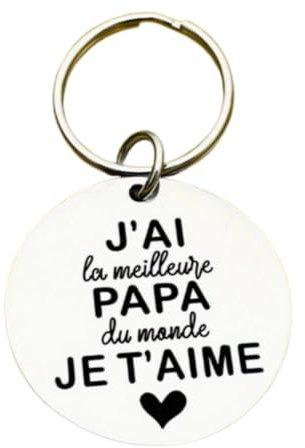 Porte-clés Message Papa, 'J'ai le Meilleur Papa du Monde Je T'aime', Médaillon Blanc avec Cœur. Livré dans un élégant sachet en organza blanc.