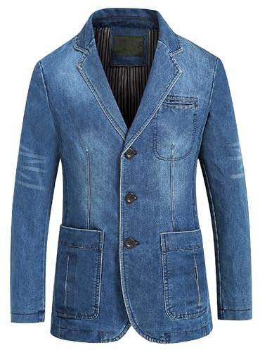 Giacca da abito in denim da uomo, con 3 bottoni, fodera a righe, casual, business, tinta unita, denim, blazer, giacca in jeans leggera, da giovane, lavata, Blu, 3XL