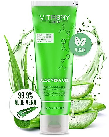 Vitabay Aloe Vera Gel 100 Prozent (99.9%) 250ml - Aloe Vera After Sun Lotion Gesicht Sonnenbrand - Aloe Vera Gesichtscreme Herren Naturkosmetik - Aloe Vera Saft Salbe Feuchtigkeitscreme Gesicht Männer
