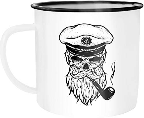 Moonworks Emaille Tasse Becher Totenkopf Captain Skull Kapitän Anker Kaffeetasse weiß-schwarz unisize