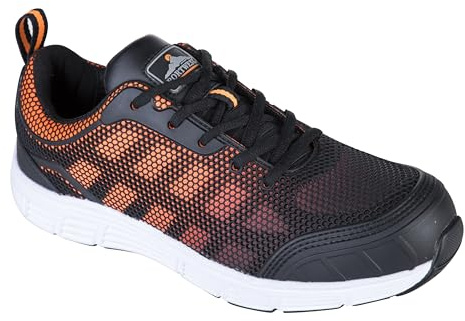 Portwest FT15 Steel Textile Trainer KPU/ Mesh Lace-Up Fastening Lightweight | Black/Orange, 11, S1P EN ISO 20345, CE Certified, Anti-Static Footwear, Slip Resistant Outsole, Durable, Flock Lined