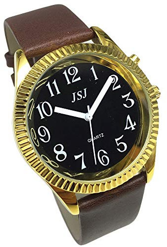 VISIONU Montre Parlante Analogique avec Alarme Annonce de l'heure et Date en Français pour Aveugle et Les Personnes Malvoyant, Couleur Dorée, Bracelet Cuir Marron TUF-G306, Sangle, Sangle