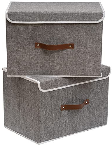 OUTBROS Large Collapsible Storage Box with Lid, Linen Fabric Wardrobe Storage Organiser, Storage Cubes For Towels, Clothes, 17.7 x 11.8 x 11.8 inch (Grey, 2-Pack)