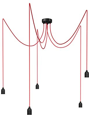 Relight Pendelleuchte 5-flammig Kraken (höhenverstellbar), E27 Lampenfassungen aus Bakelit, 5x 1.5 Meter Textilkabel Rot
