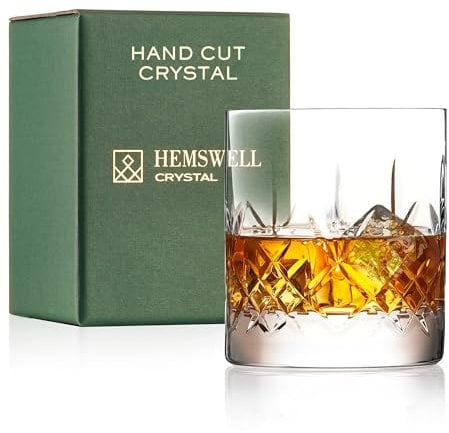 Hemswell Crystal Single Whiskey Tasting Glass - 310ml Old Fashioned Glasses Whiskey Tumbler - Traditional Cut Lead Free High Clarity Crystal Whisky Tumbler - Presentation Box