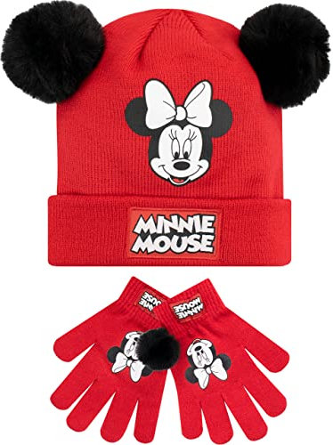 Disney Kinder Wintermütze und Handschuhe Set Minnie Mouse Rot One Size