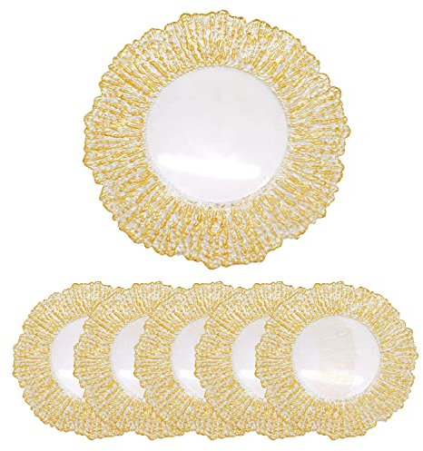 Trimming Shop Lot de 6 assiettes décoratives en verre craquelé doré pour fête, mariage, anniversaire, fête, vaisselle, événements de restauration (33 cm)
