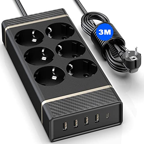 Multiprise Electrique 3M avec 6 Prises et 1 Port Type-C 20W et 4 Ports USB, Bloc USB Multiprise avec Interrupteur, Multiprise Murale, 2400W/10A, Cordon de 3m pour Smartphone, Maison, Bureau (Noir)