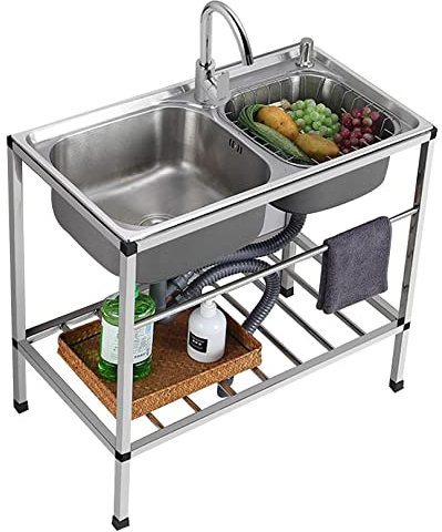 Freistehendes Doppelbecken-Spülbecken-Set aus Edelstahl für gewerbliche Restaurants mit Wasserhahn, Vorbereitungs- und Gebrauchswaschbecken mit Ablagefächern für die Garage im Innen- und Außenbereich